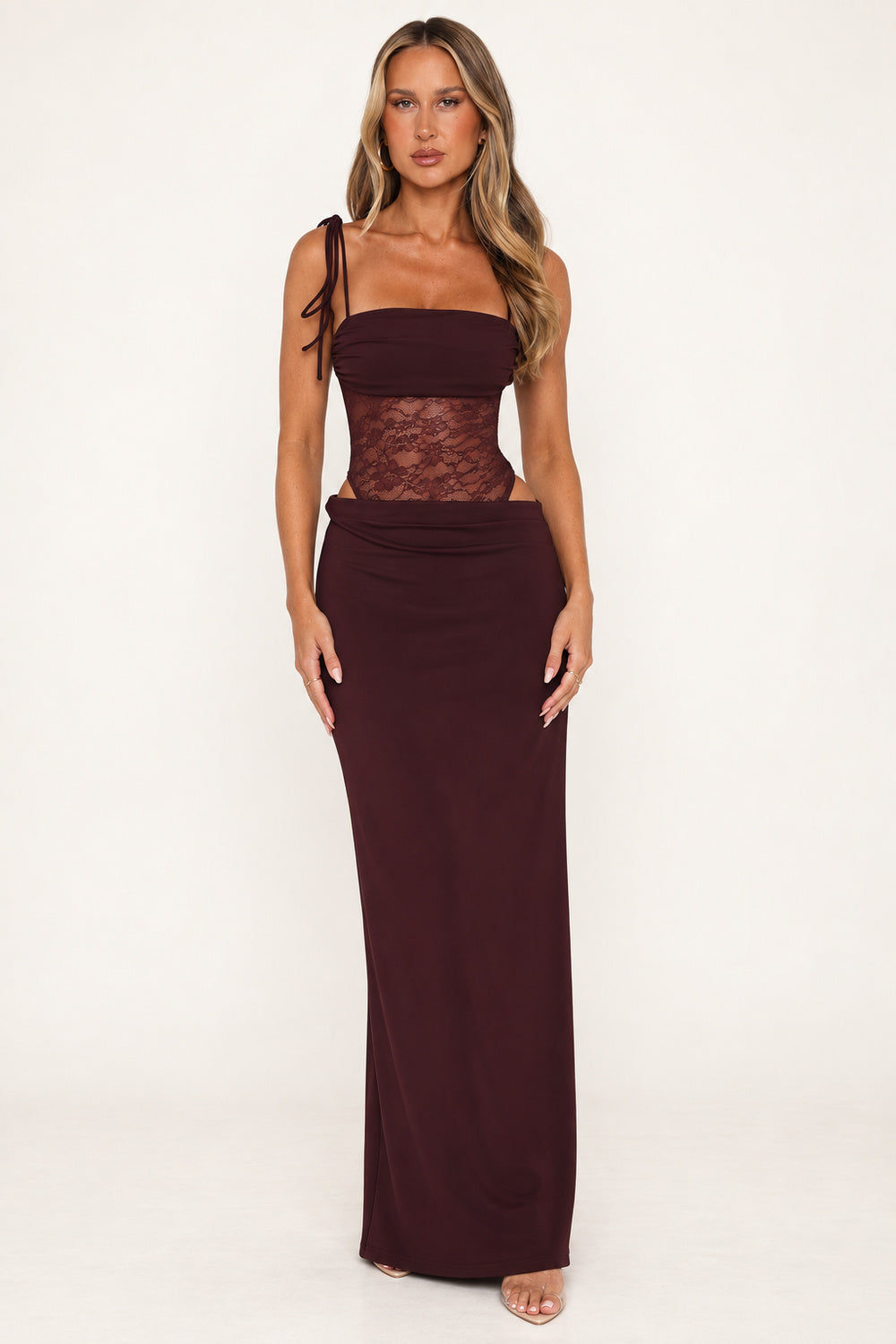 ANAÏS BRÉVANT | Lace Corset Maxi Dress – Bandeau Tie Shoulder Fitted Jersey Evening Gown