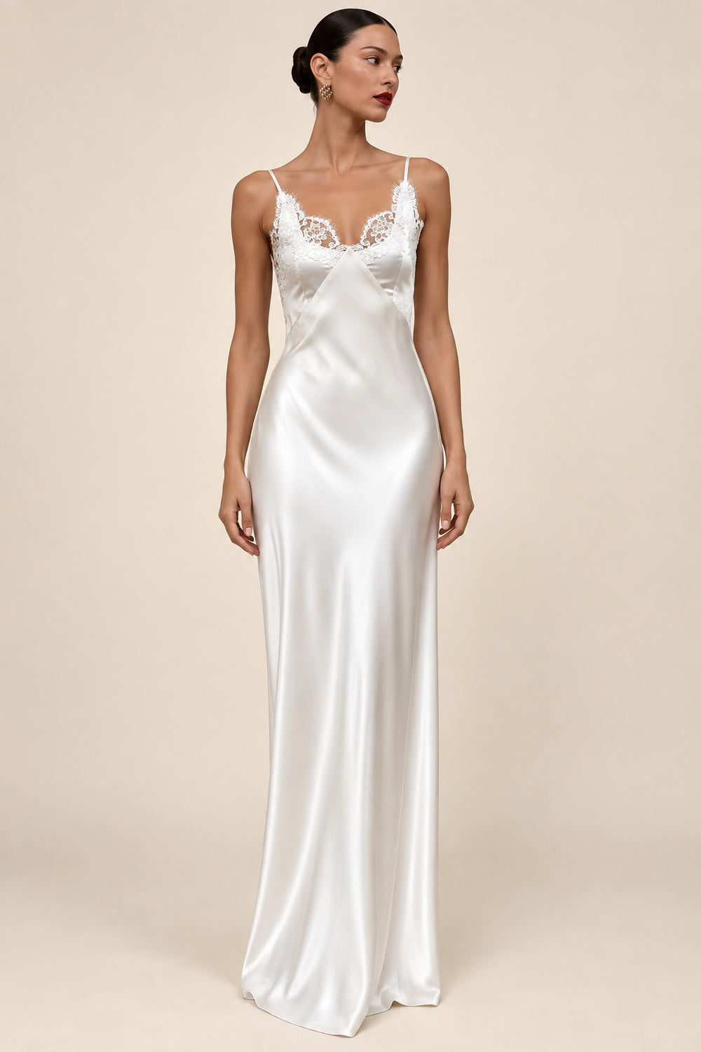Juliette Moreau | Satin Lace Slip Maxi Dress – Bias Cut Open Back Spaghetti Strap Evening Gown