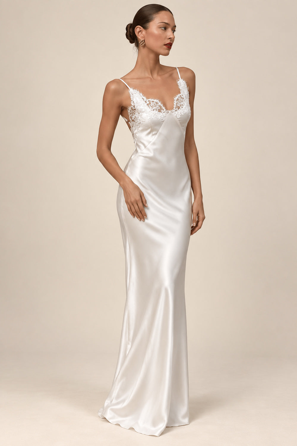 Juliette Moreau | Satin Lace Slip Maxi Dress – Bias Cut Open Back Spaghetti Strap Evening Gown