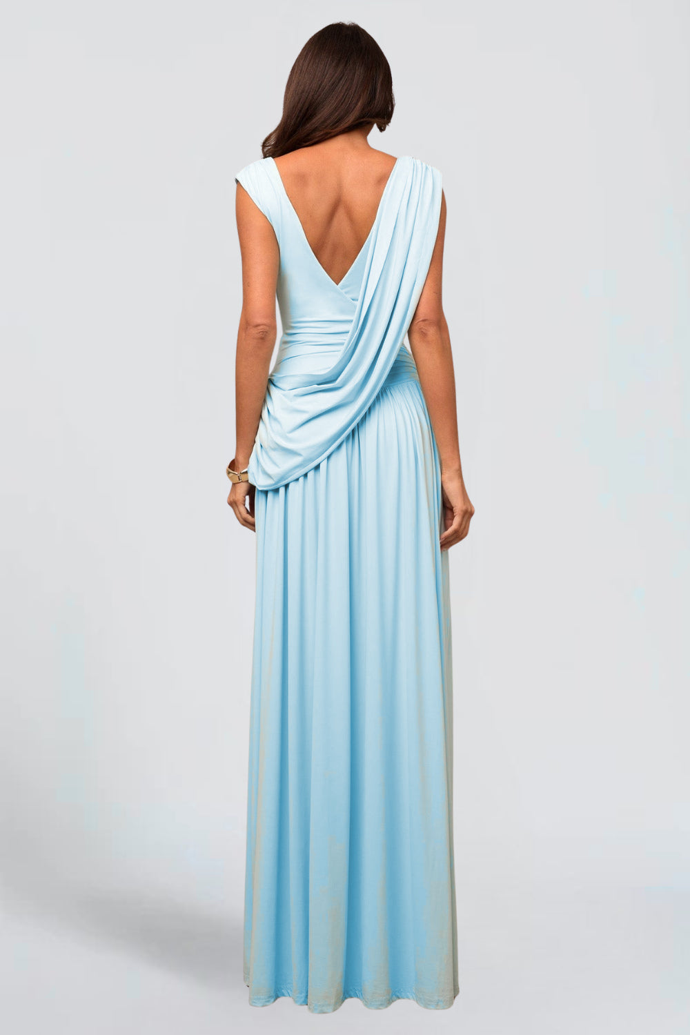 GISÈLE DE MONTCLAR | Grecian Draped Maxi Dress – Pleated V-Neck Cape Back Thigh Slit Evening Gown