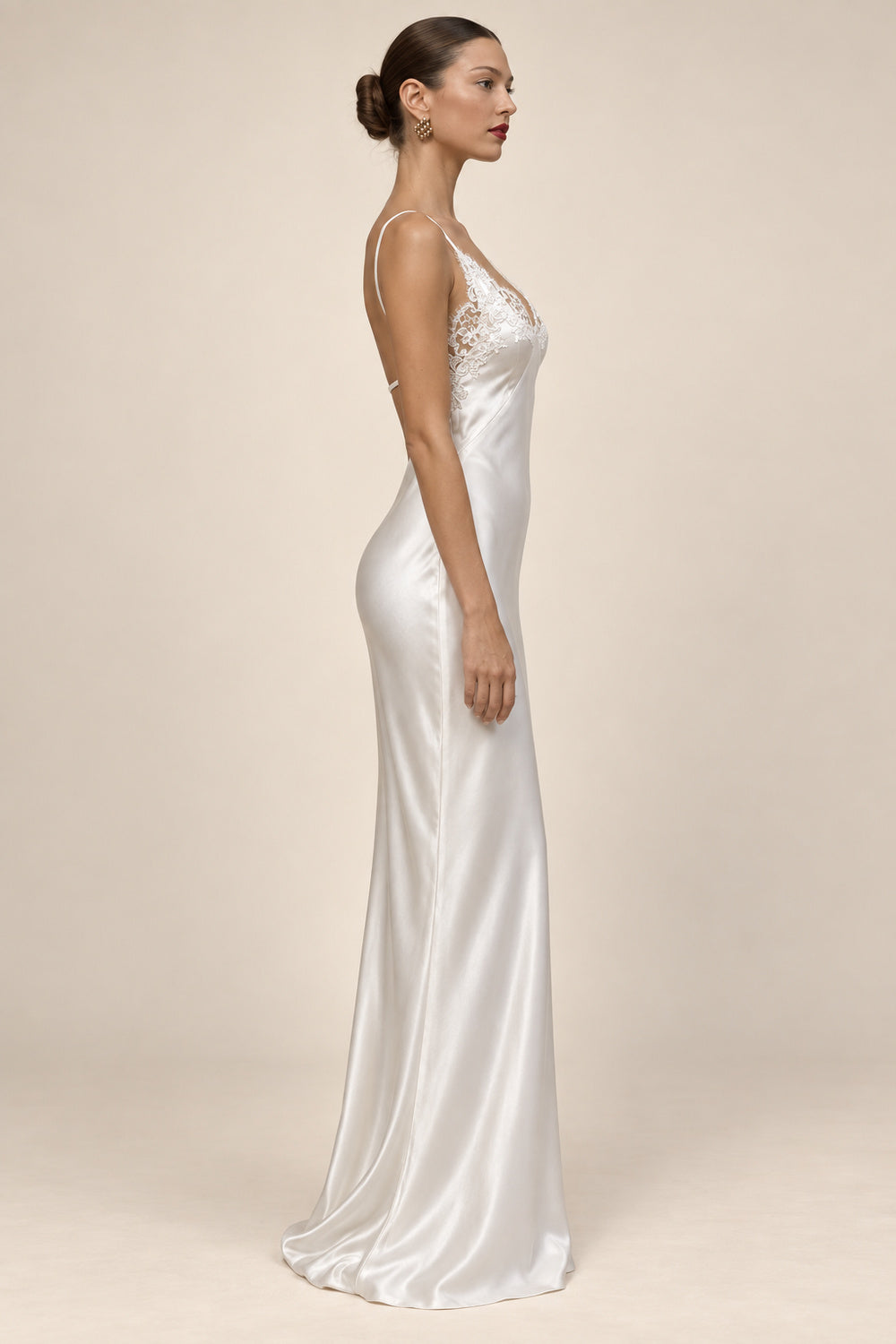 Juliette Moreau | Satin Lace Slip Maxi Dress – Bias Cut Open Back Spaghetti Strap Evening Gown