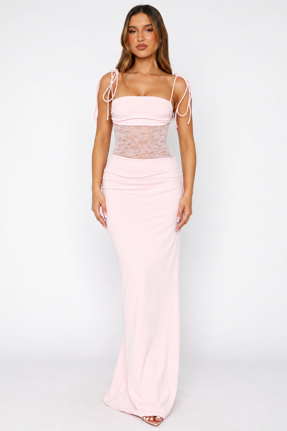 ANAÏS BRÉVANT | Lace Corset Maxi Dress – Bandeau Tie Shoulder Fitted Jersey Evening Gown