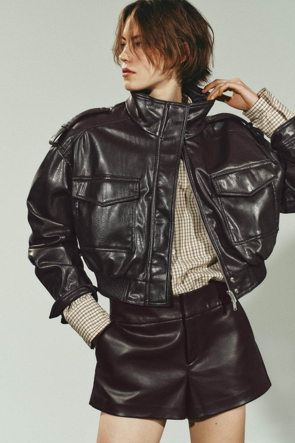 Léonie Chevalier | Women's Cropped Faux Leather Bomber Jacket – Short Aviator Utility Jacket