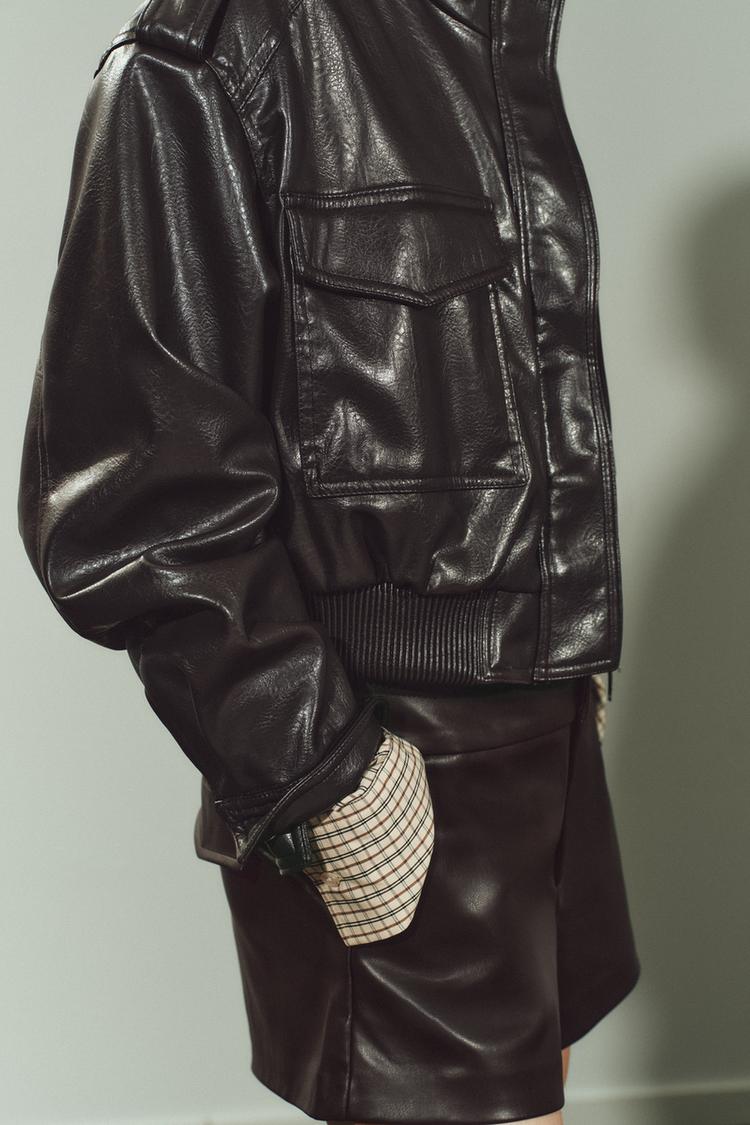 Léonie Chevalier | Women's Cropped Faux Leather Bomber Jacket – Short Aviator Utility Jacket