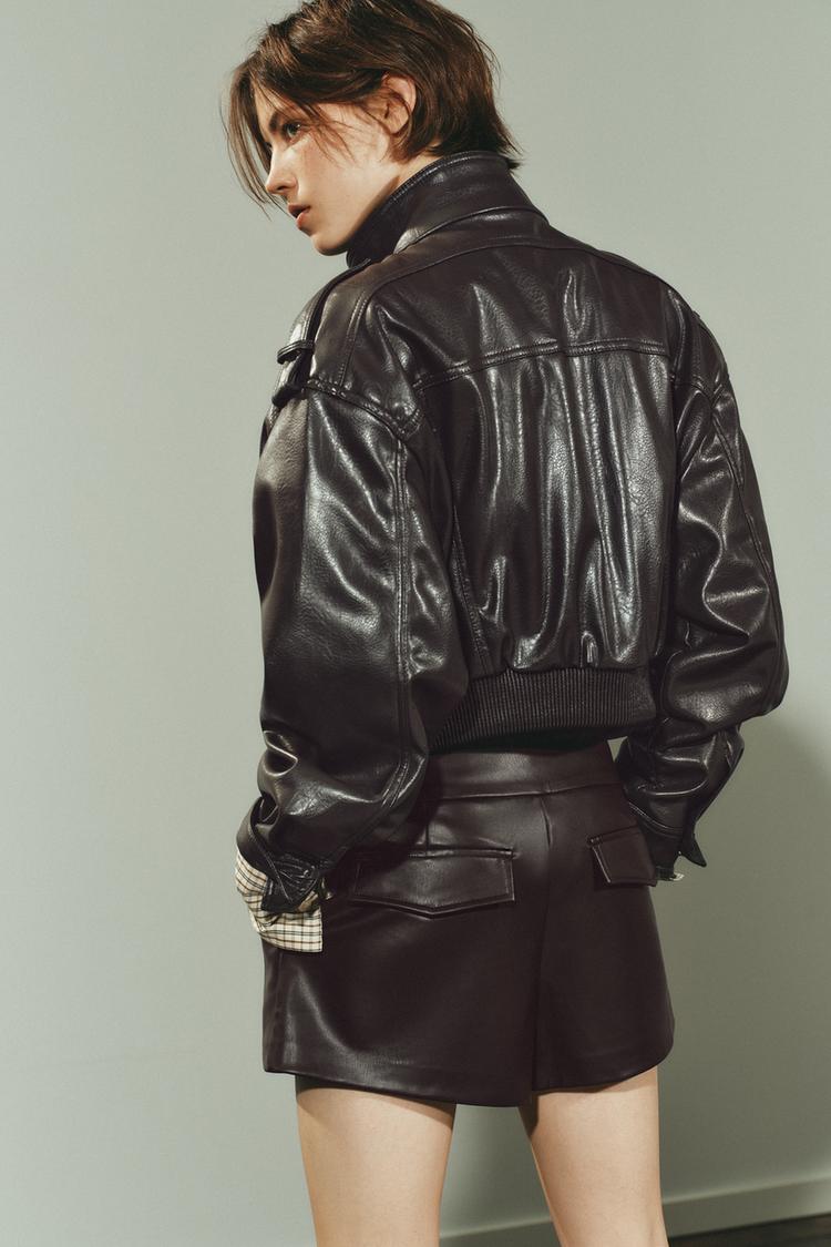 Léonie Chevalier | Women's Cropped Faux Leather Bomber Jacket – Short Aviator Utility Jacket