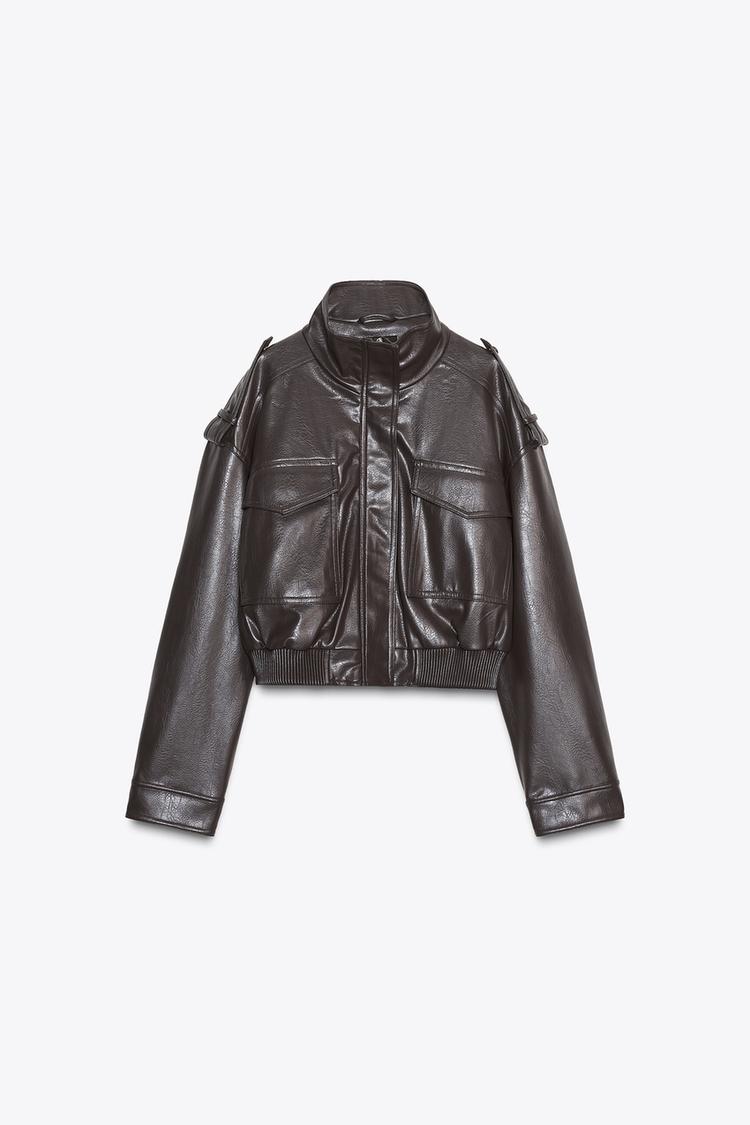 Léonie Chevalier | Women's Cropped Faux Leather Bomber Jacket – Short Aviator Utility Jacket
