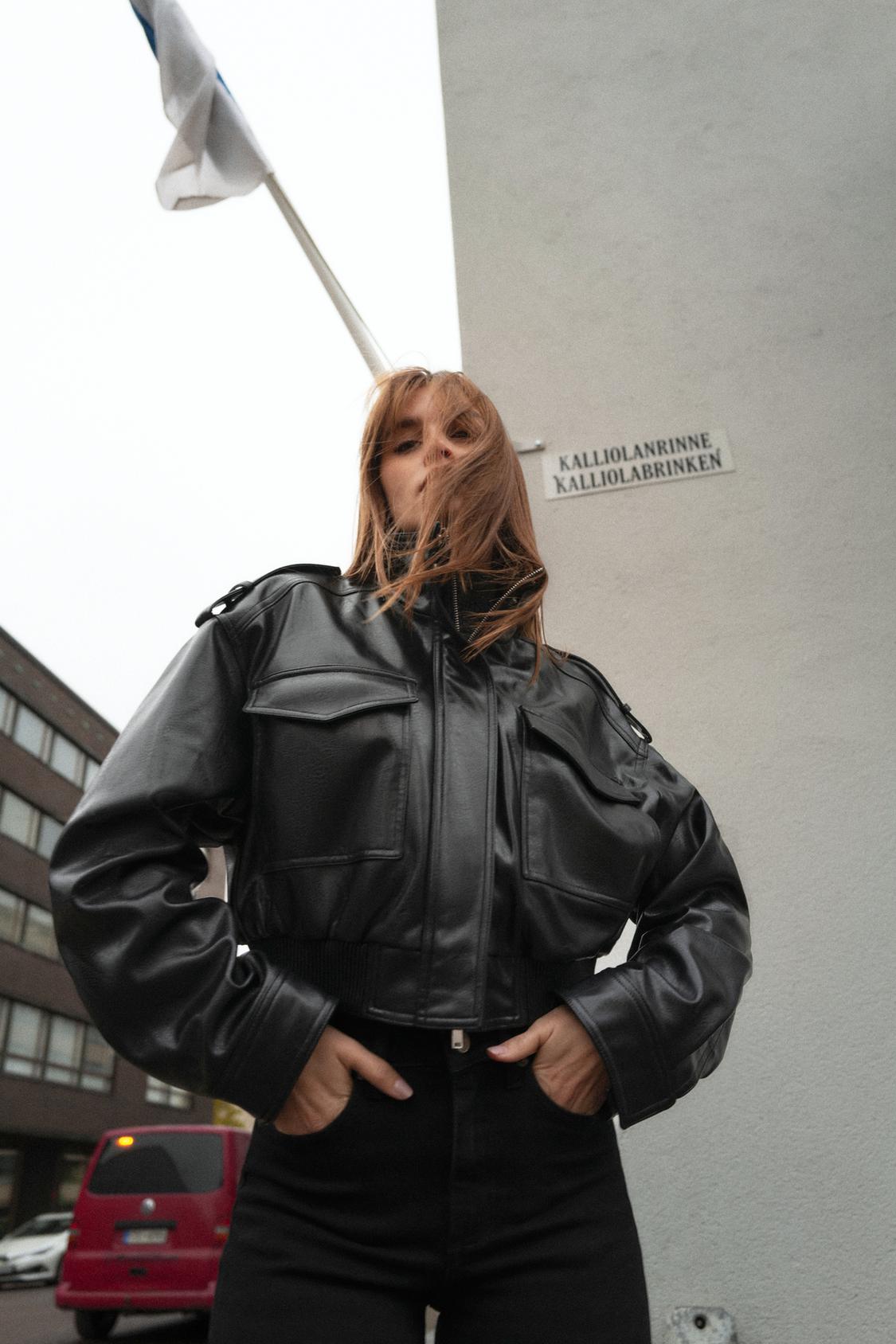 Léonie Chevalier | Women's Cropped Faux Leather Bomber Jacket – Short Aviator Utility Jacket