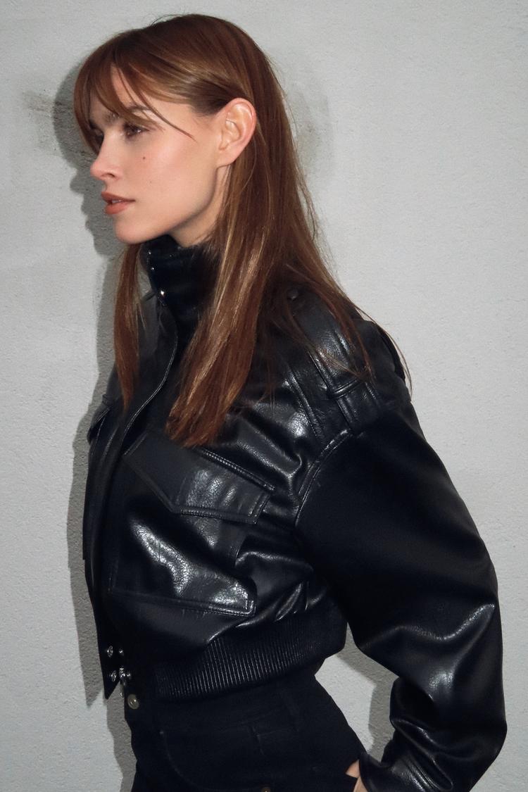 Léonie Chevalier | Women's Cropped Faux Leather Bomber Jacket – Short Aviator Utility Jacket