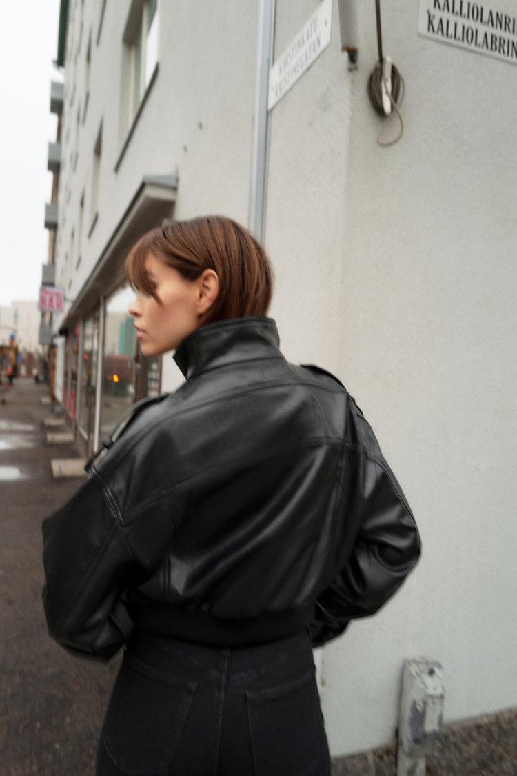Léonie Chevalier | Women's Cropped Faux Leather Bomber Jacket – Short Aviator Utility Jacket