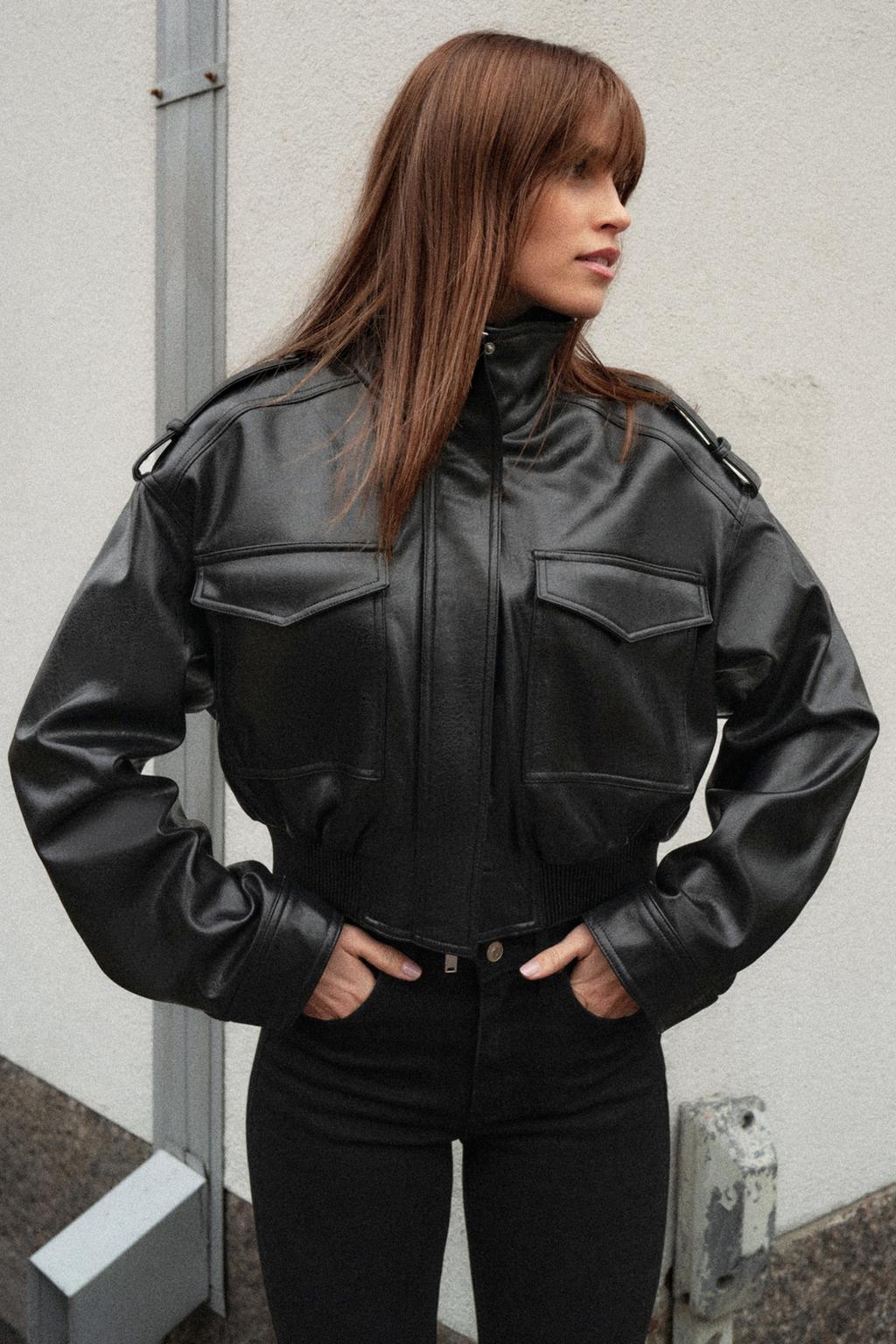 Léonie Chevalier | Women's Cropped Faux Leather Bomber Jacket – Short Aviator Utility Jacket