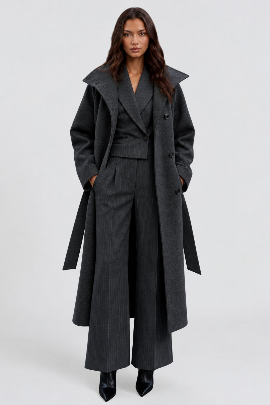 Margaux Dufour | Women's Belted Long Wool Coat – Charcoal Funnel Neck Maxi Coat