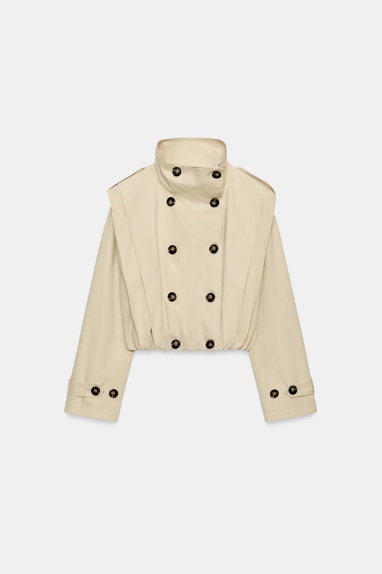 Gabrielle Duval | Women's Cream Pleated Trench Jacket – Cropped Double-Breasted Jacket