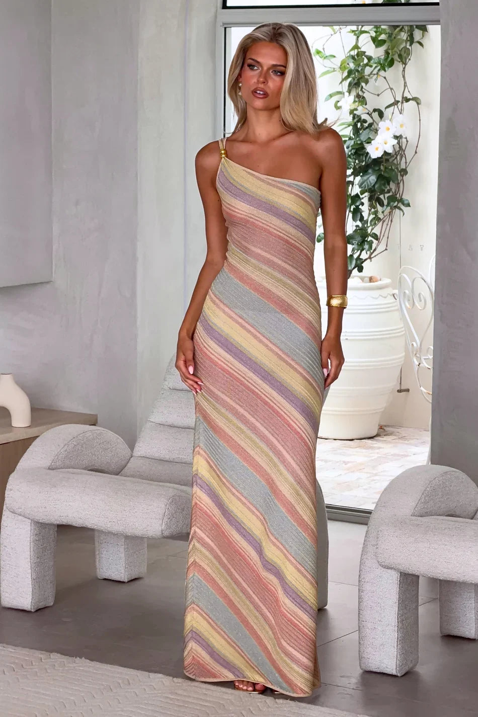DOMINIQUE MONTCLAR | One Shoulder Knit Maxi Dress – Pastel Striped Metallic Bodycon Side Slit Dress