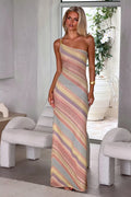DOMINIQUE MONTCLAR | One Shoulder Knit Maxi Dress – Pastel Striped Metallic Bodycon Side Slit Dress