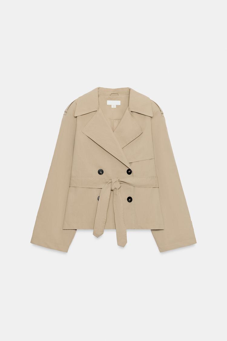 Eva Nicolas | Women's Short Belted Trench Jacket – Beige Double-Breasted Trench Coat