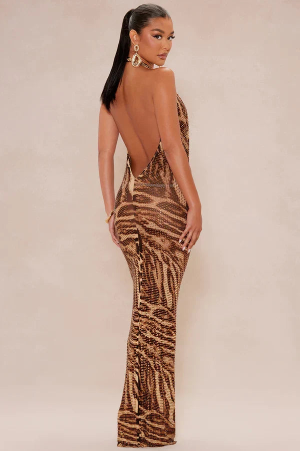 SABINE MONTREVAL | Leopard Sequin Maxi Dress – Backless Halter Plunge Neck Evening Gown