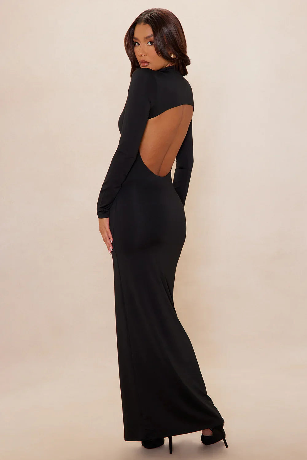 ZÉLIE MONTFERRAND | Long Sleeve Bodycon Maxi Dress – High Mock Neck Stretch Evening Dress