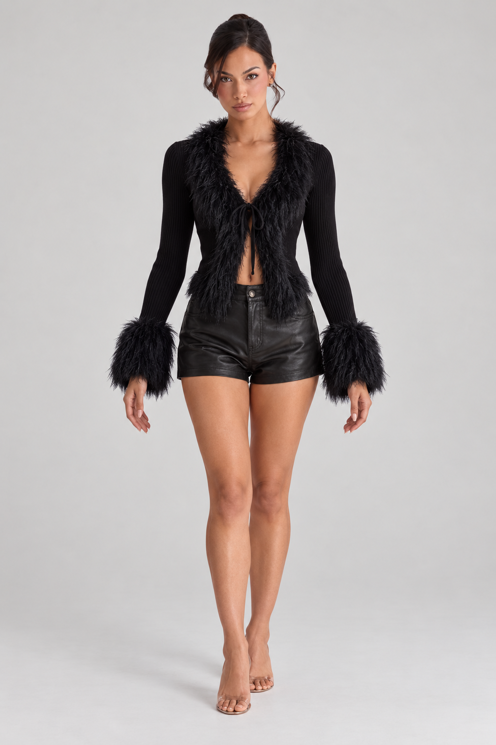 Victoria Gautier | Women's Black Fitted Jacket with Faux Fur Cuffs – Cropped Tie-Front Jacket