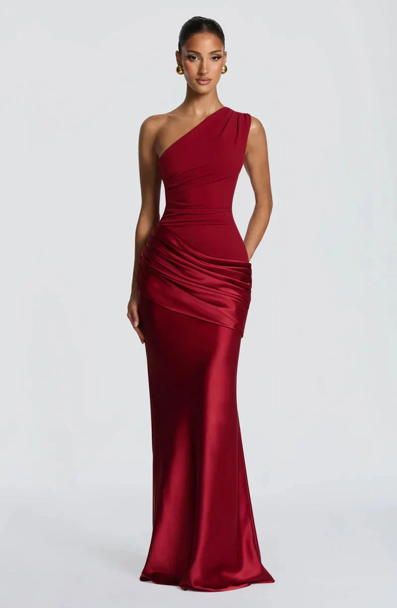 Manon Petit | One Shoulder Satin Maxi Dress – Draped Ruched Mermaid Formal Evening Gown