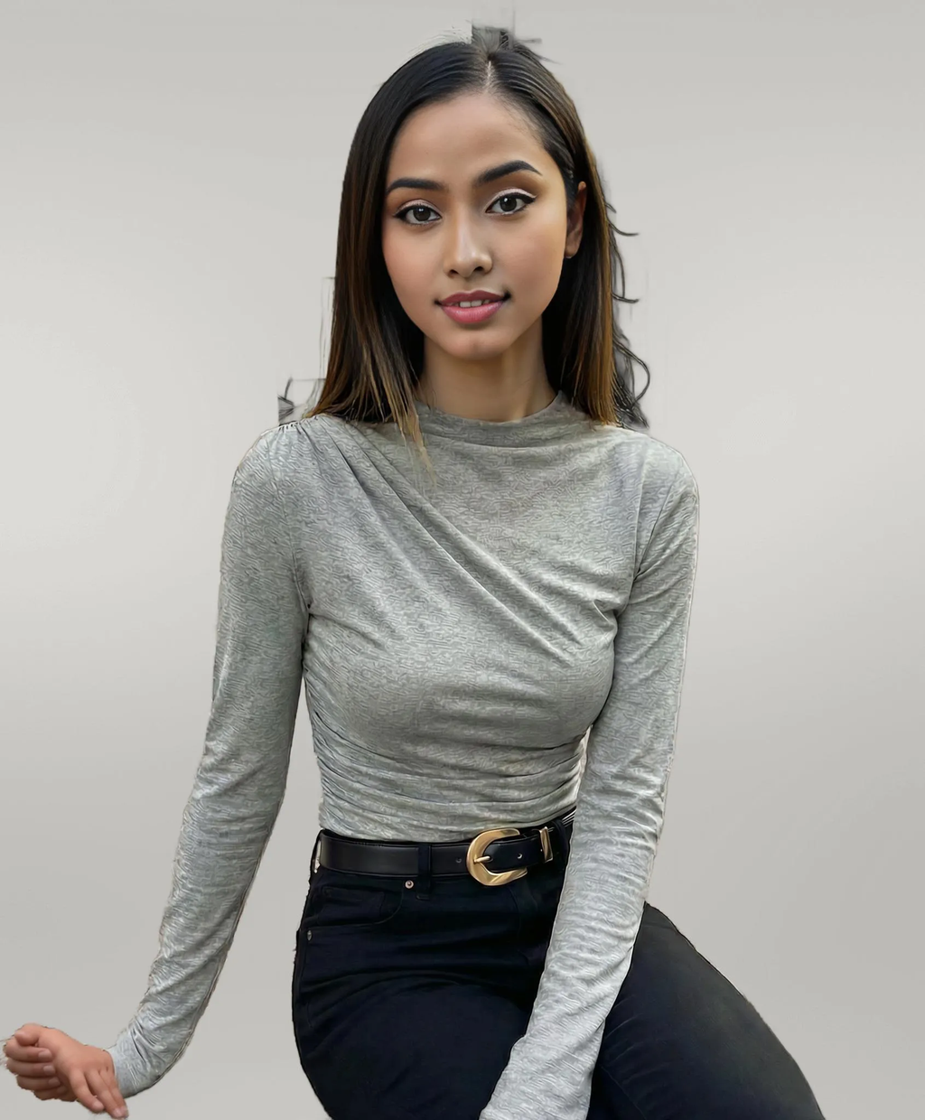 Nora | Fitted Top Women Long Sleeve Ruched Slim Fit Round Neck