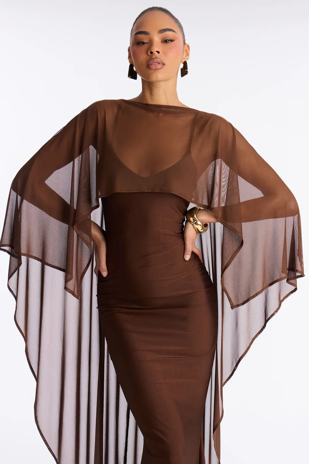 Inès Richard | Chiffon Cape Maxi Dress – Bateau Neck Fitted Mermaid Formal Evening Gown