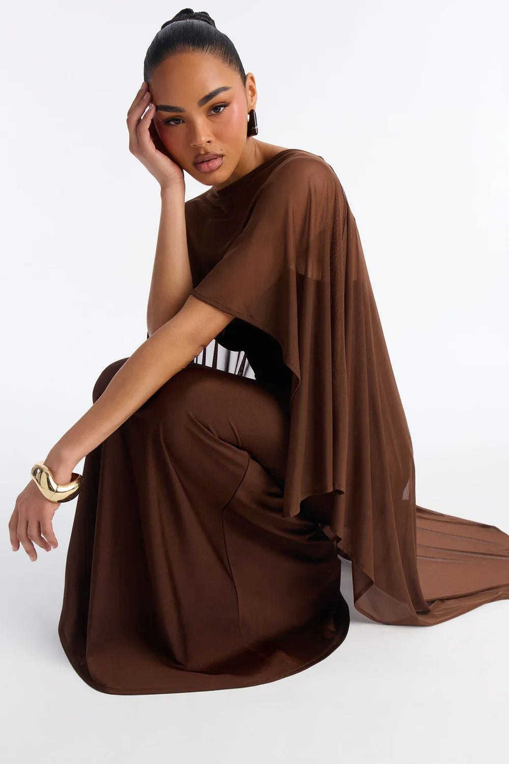 Inès Richard | Chiffon Cape Maxi Dress – Bateau Neck Fitted Mermaid Formal Evening Gown