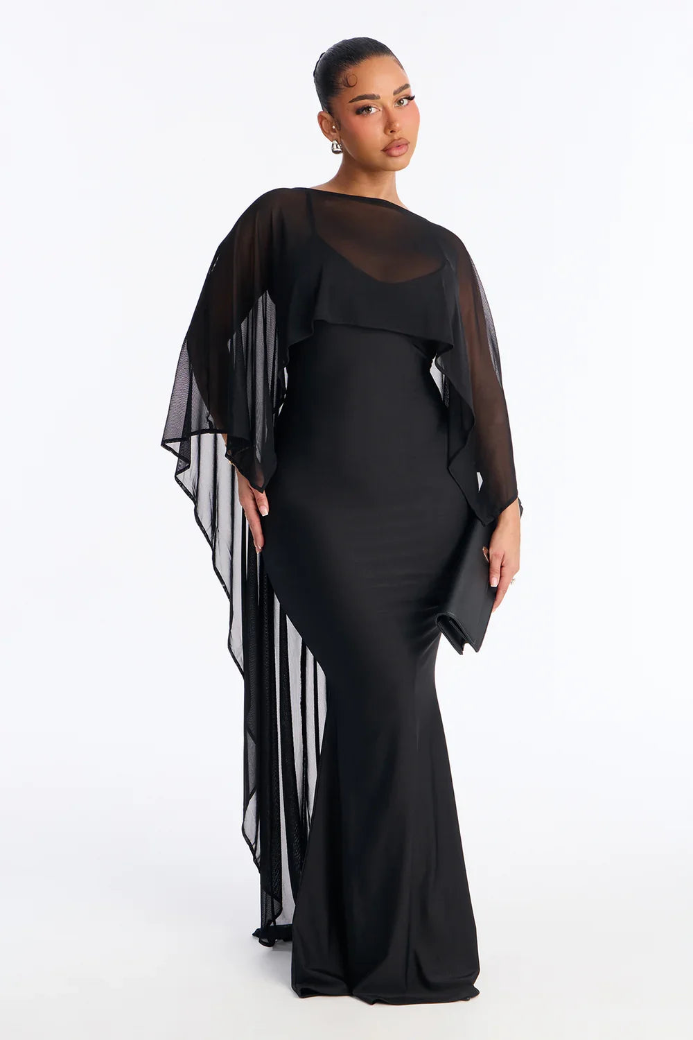 Inès Richard | Chiffon Cape Maxi Dress – Bateau Neck Fitted Mermaid Formal Evening Gown