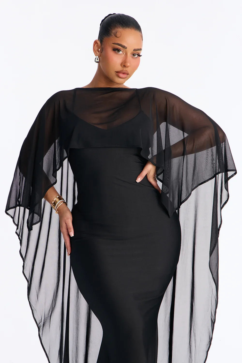 Inès Richard | Chiffon Cape Maxi Dress – Bateau Neck Fitted Mermaid Formal Evening Gown