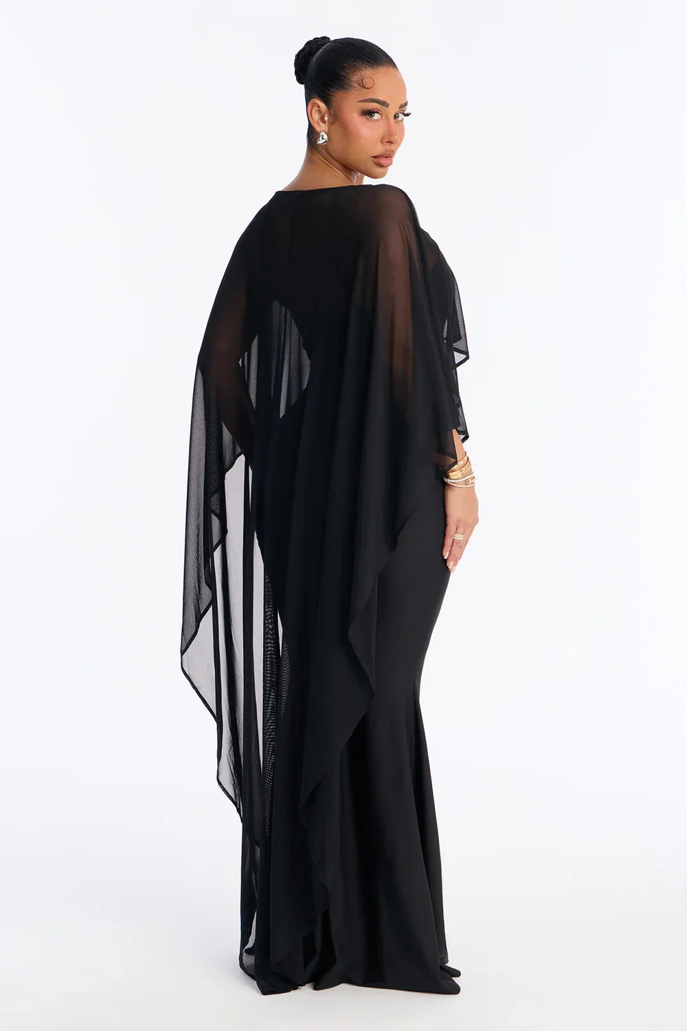 Inès Richard | Chiffon Cape Maxi Dress – Bateau Neck Fitted Mermaid Formal Evening Gown