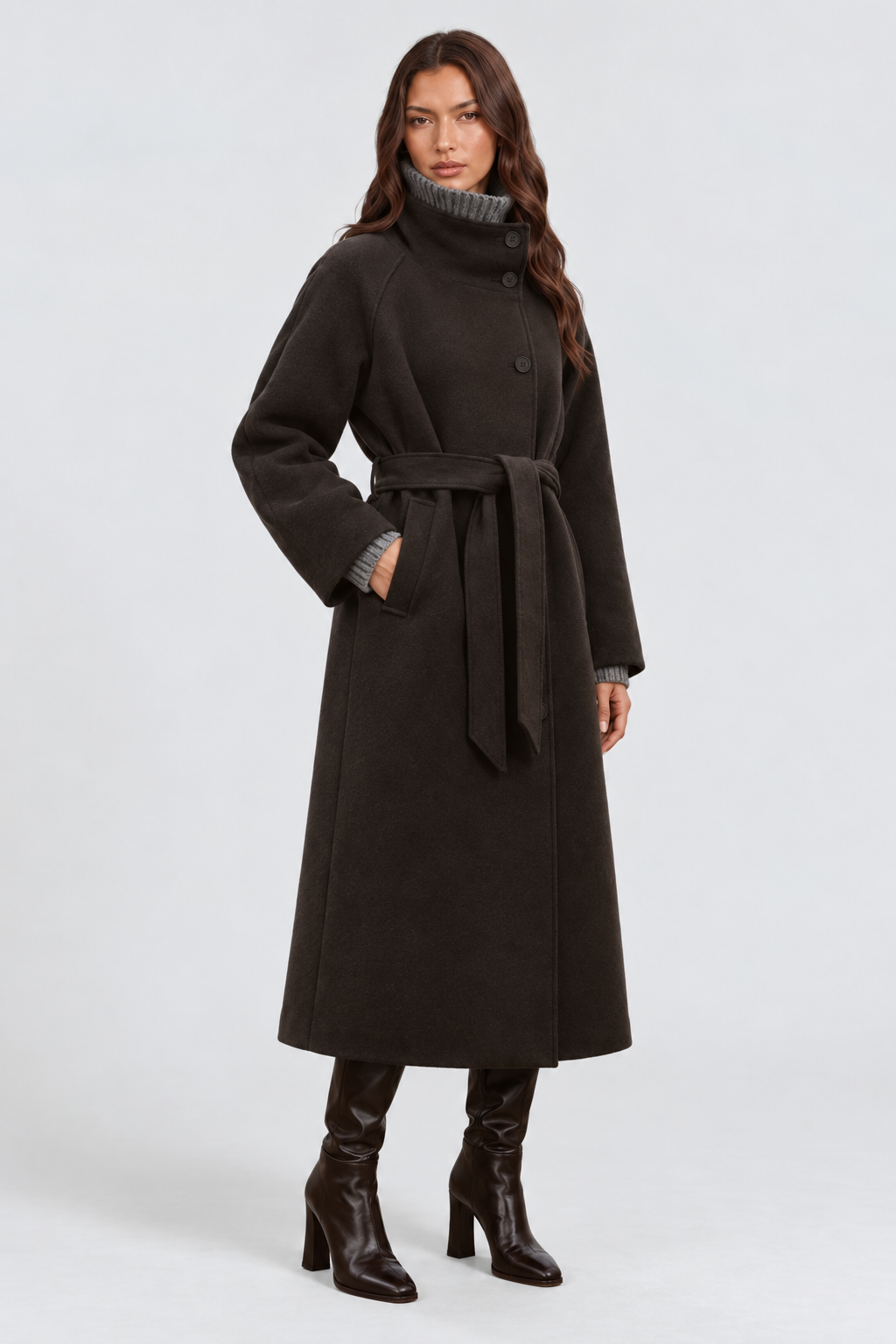 Margaux Dufour | Women's Belted Long Wool Coat – Charcoal Funnel Neck Maxi Coat