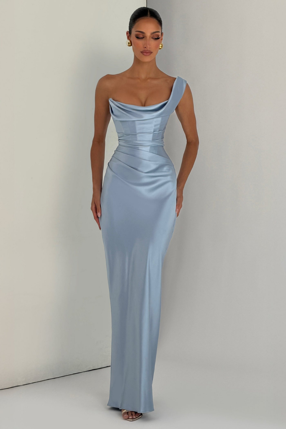 Léa Robert | Baby Blue Satin Maxi Dress – Off Shoulder Corset Bodice Fitted Evening Gown