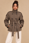 Océane Lefèvre | Women's Belted Double-Breasted Coat – Taupe Tailored Trench Coat with Stand Collar