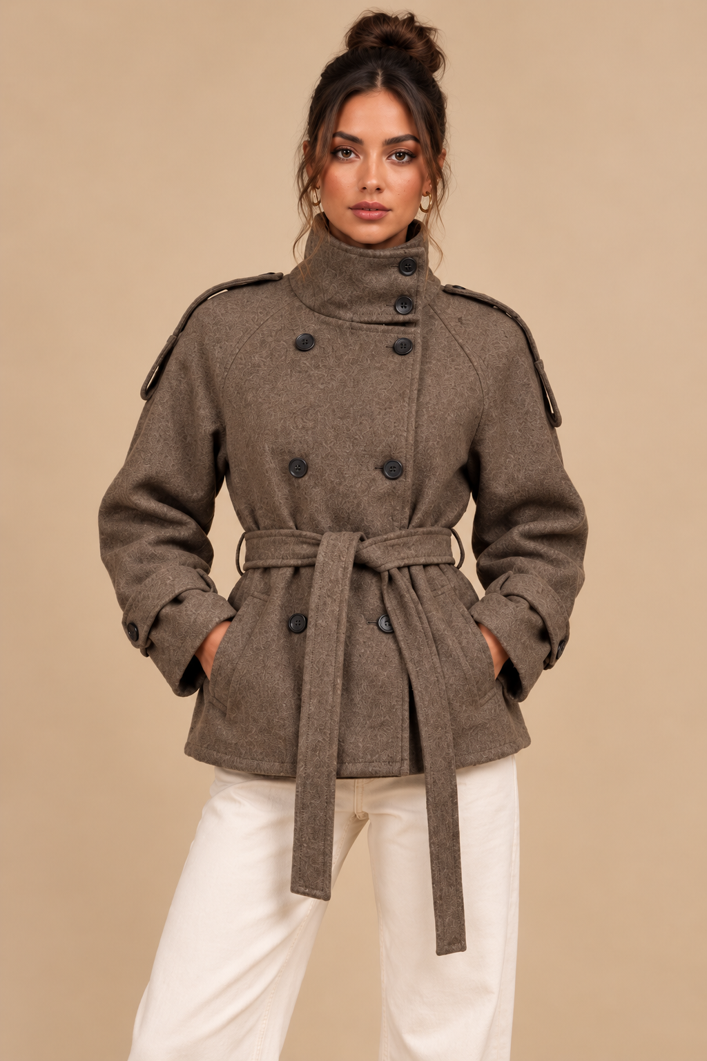 Océane Lefèvre | Women's Belted Double-Breasted Coat – Taupe Tailored Trench Coat with Stand Collar