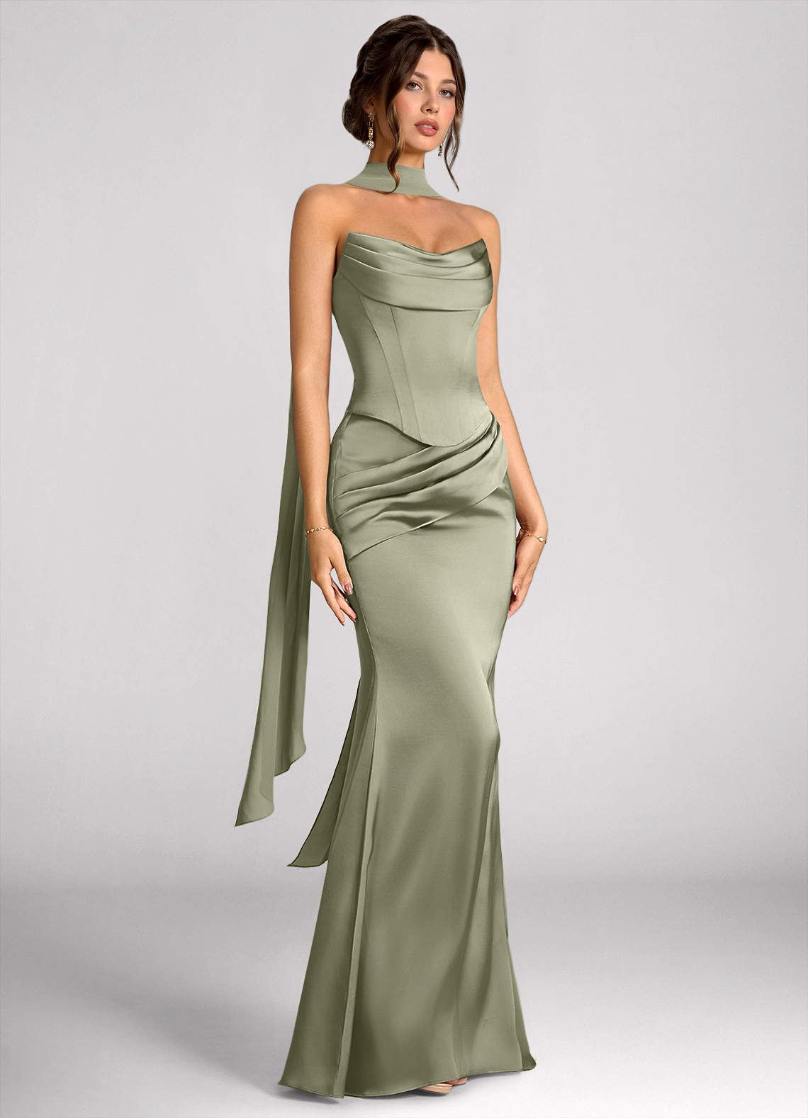 Emma Richard | Satin Corset Maxi Dress – Strapless Cowl Neck Cape Sleeve Mermaid Evening Gown
