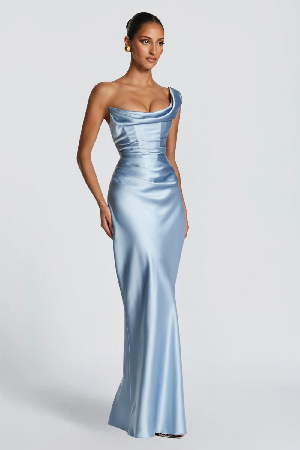 Léa Robert | Baby Blue Satin Maxi Dress – Off Shoulder Corset Bodice Fitted Evening Gown