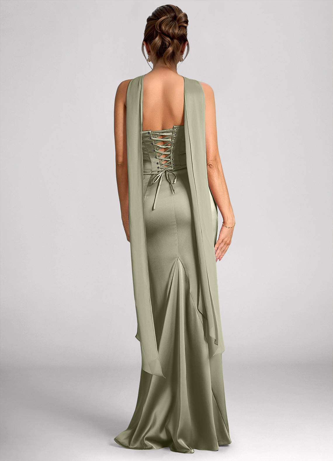 Emma Richard | Satin Corset Maxi Dress – Strapless Cowl Neck Cape Sleeve Mermaid Evening Gown