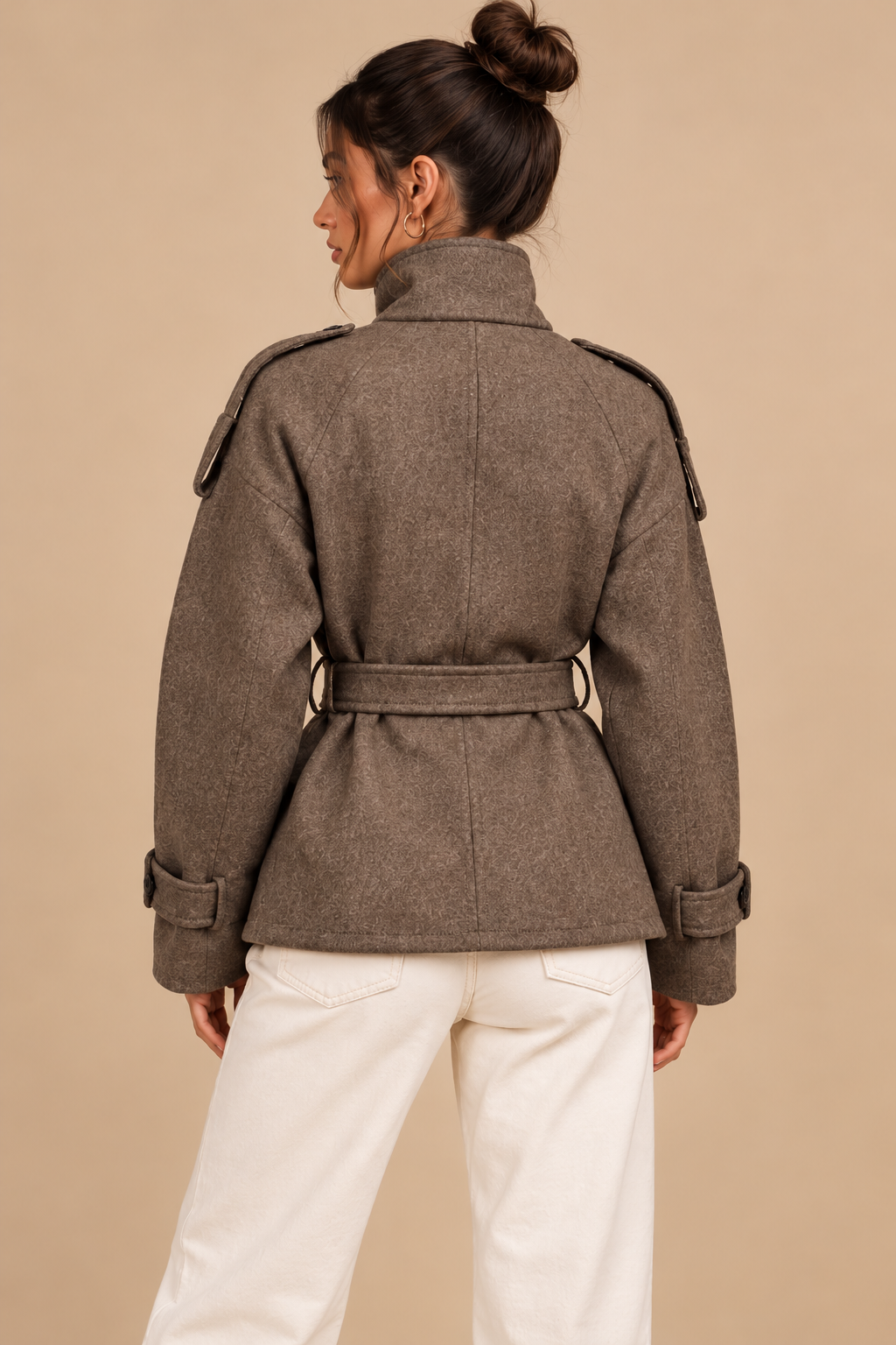 Océane Lefèvre | Women's Belted Double-Breasted Coat – Taupe Tailored Trench Coat with Stand Collar