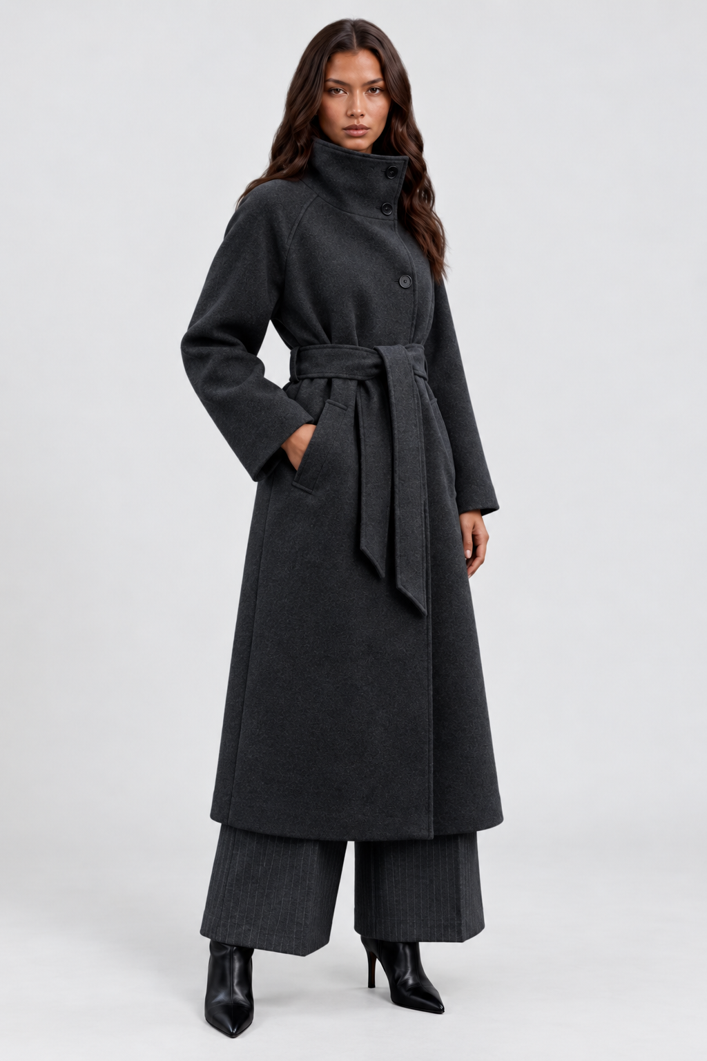 Margaux Dufour | Women's Belted Long Wool Coat – Charcoal Funnel Neck Maxi Coat