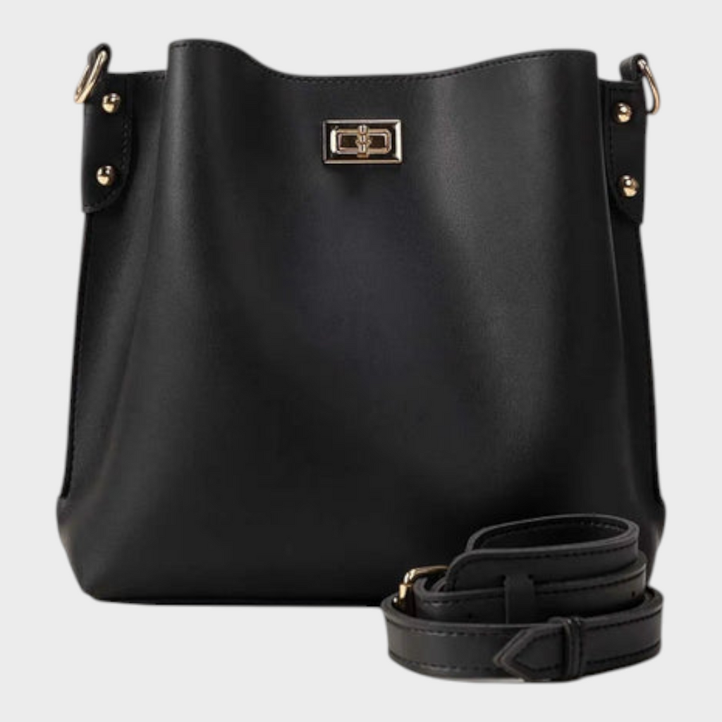 Venturi | Women's Black Bucket Bag – Structured Crossbody Shoulder Bag with Twist Lock