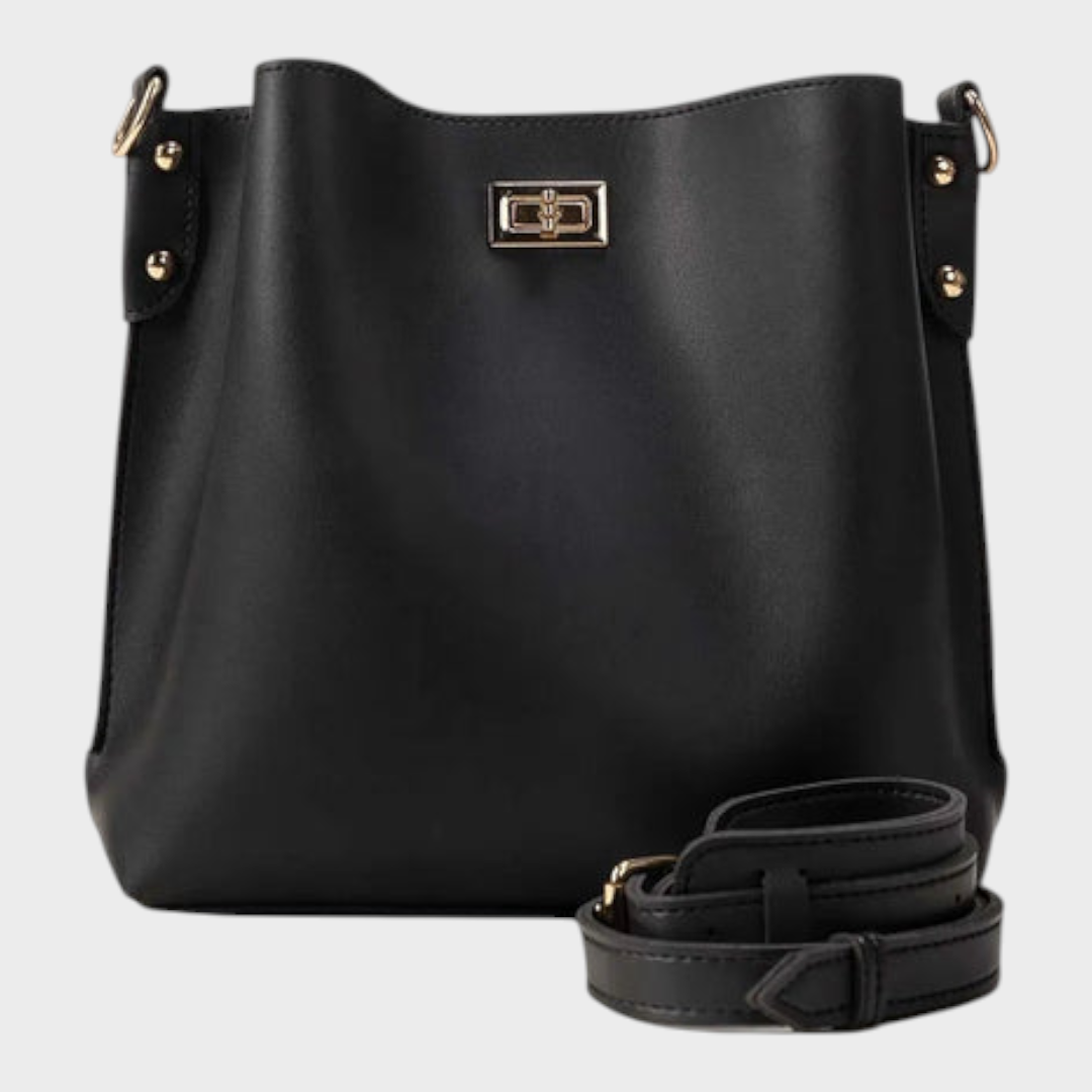 Venturi | Women's Black Bucket Bag – Structured Crossbody Shoulder Bag with Twist Lock