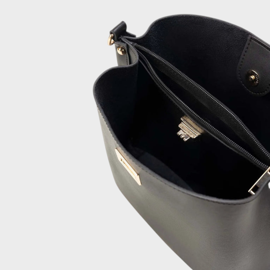 Venturi | Women's Black Bucket Bag – Structured Crossbody Shoulder Bag with Twist Lock