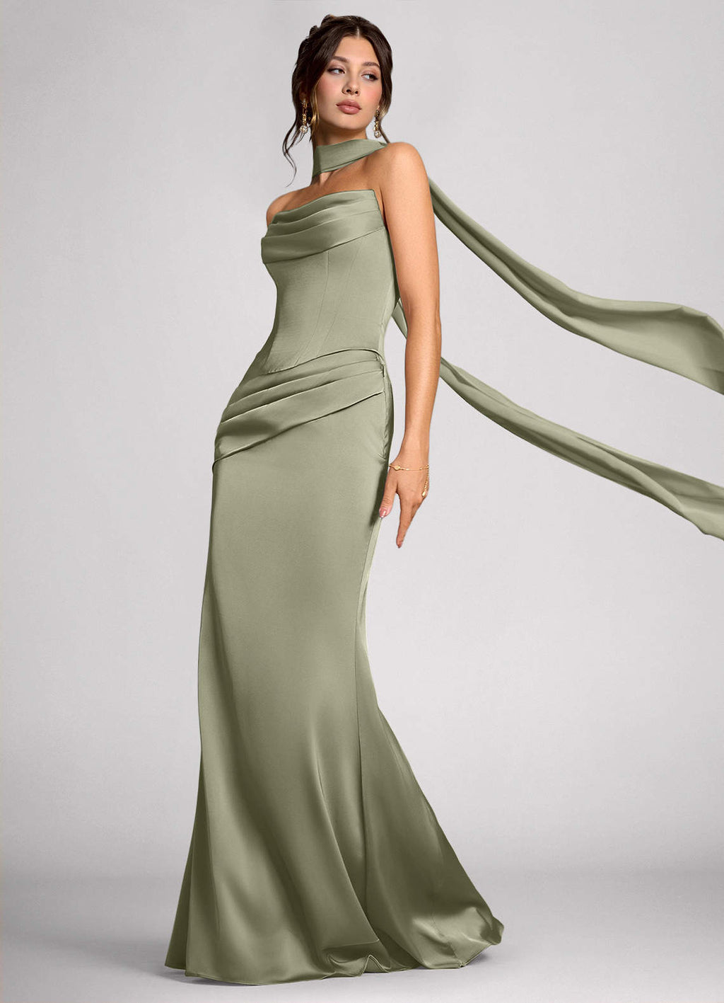 Emma Richard | Satin Corset Maxi Dress – Strapless Cowl Neck Cape Sleeve Mermaid Evening Gown