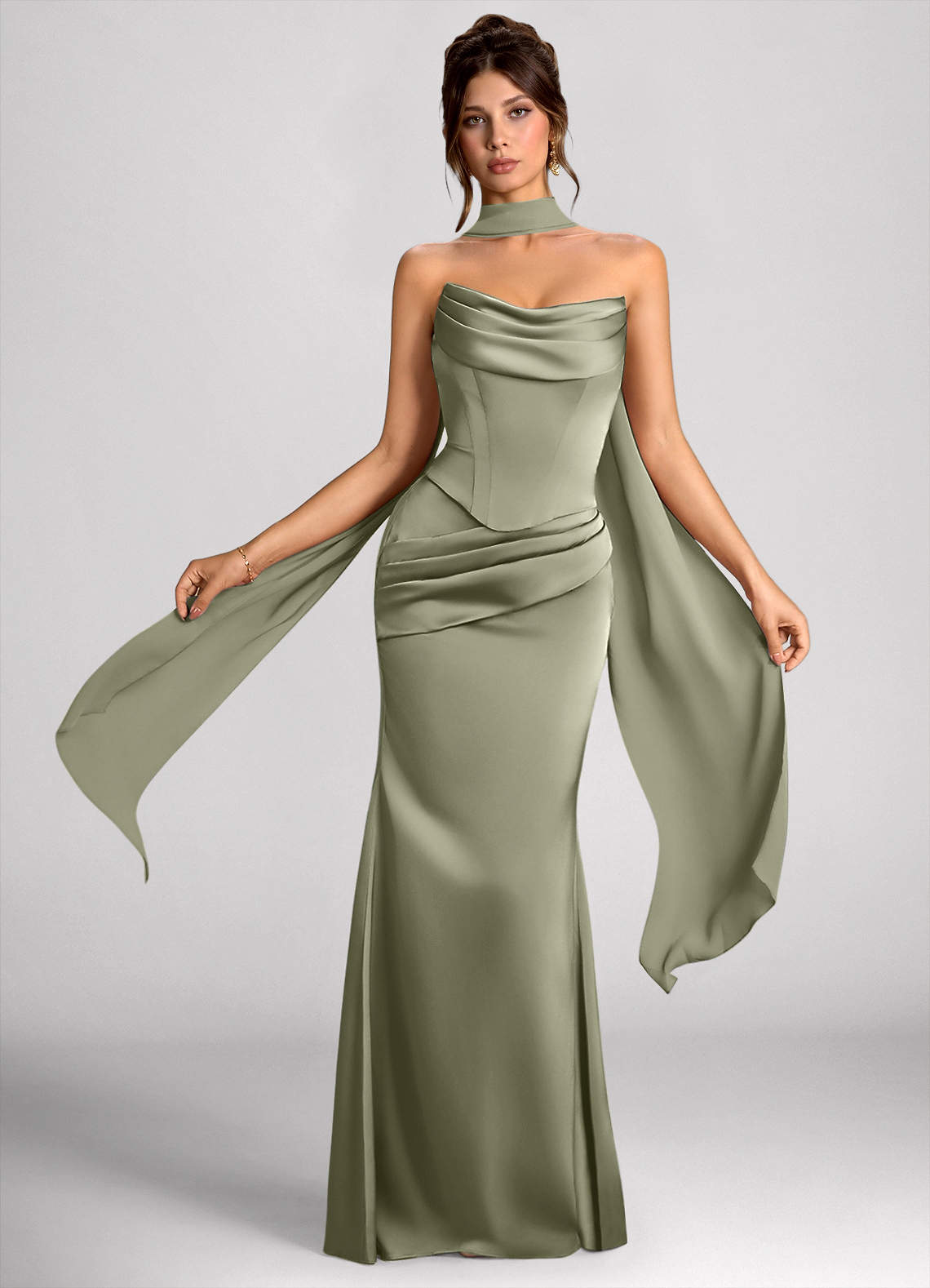 Emma Richard | Satin Corset Maxi Dress – Strapless Cowl Neck Cape Sleeve Mermaid Evening Gown