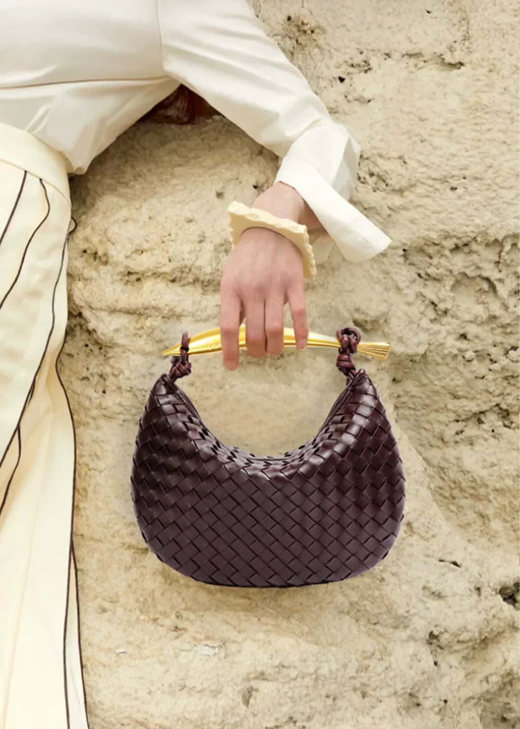 Nélie Montavril  | Woven Pattern Bag with Gold Handle