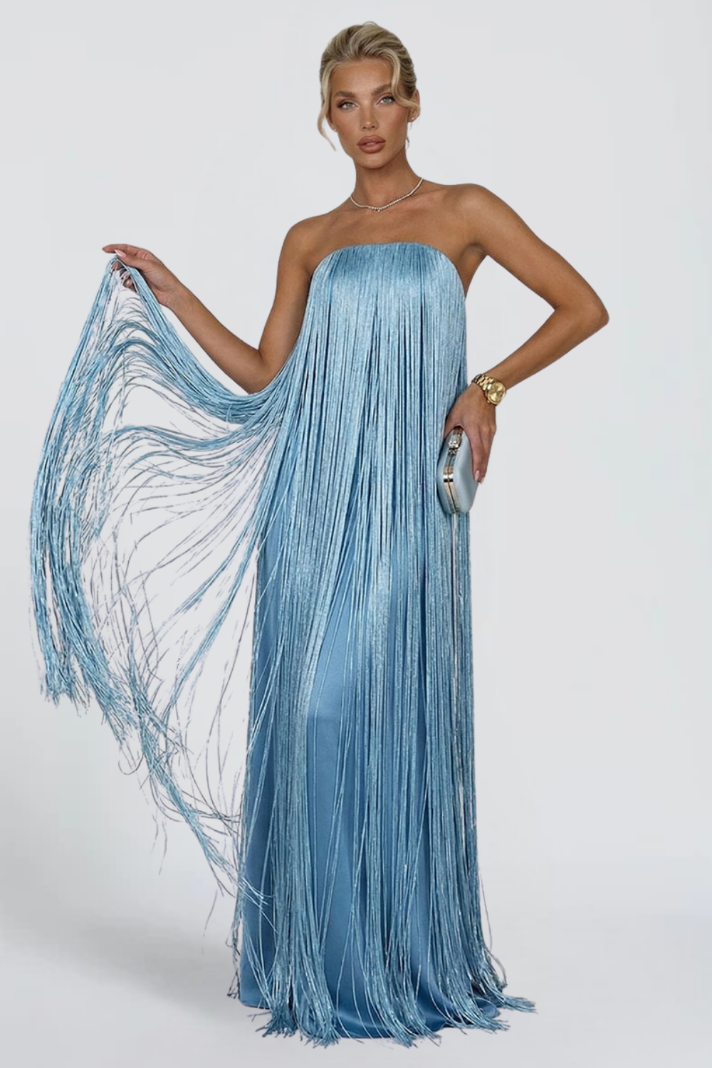 Anaïs Fournier | Strapless Fringe Maxi Dress – Metallic Tassel Satin Party Evening Gown