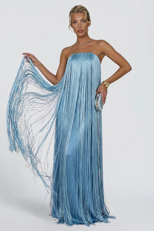 Anaïs Fournier | Strapless Fringe Maxi Dress – Metallic Tassel Satin Party Evening Gown