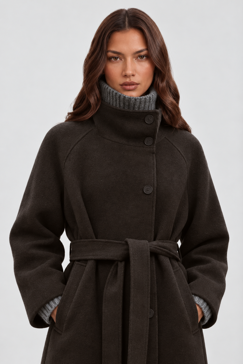 Margaux Dufour | Women's Belted Long Wool Coat – Charcoal Funnel Neck Maxi Coat