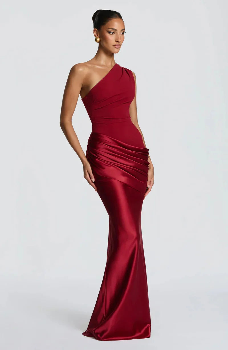Manon Petit | One Shoulder Satin Maxi Dress – Draped Ruched Mermaid Formal Evening Gown
