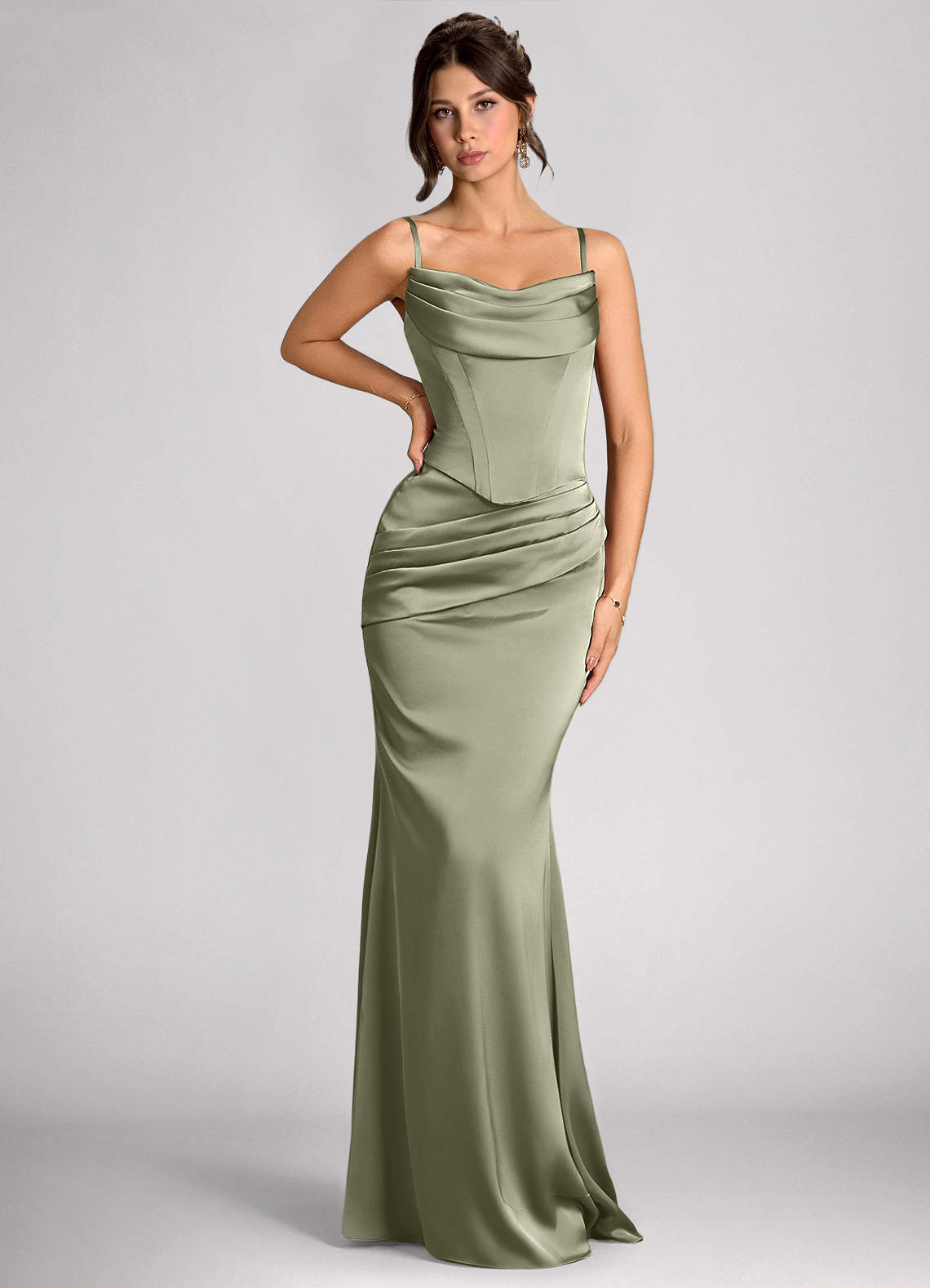 Emma Richard | Satin Corset Maxi Dress – Strapless Cowl Neck Cape Sleeve Mermaid Evening Gown