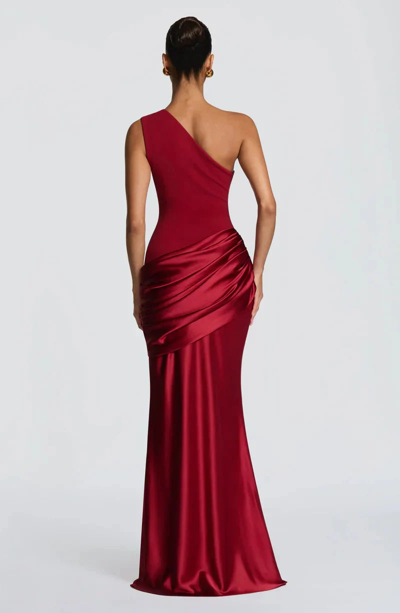 Manon Petit | One Shoulder Satin Maxi Dress – Draped Ruched Mermaid Formal Evening Gown